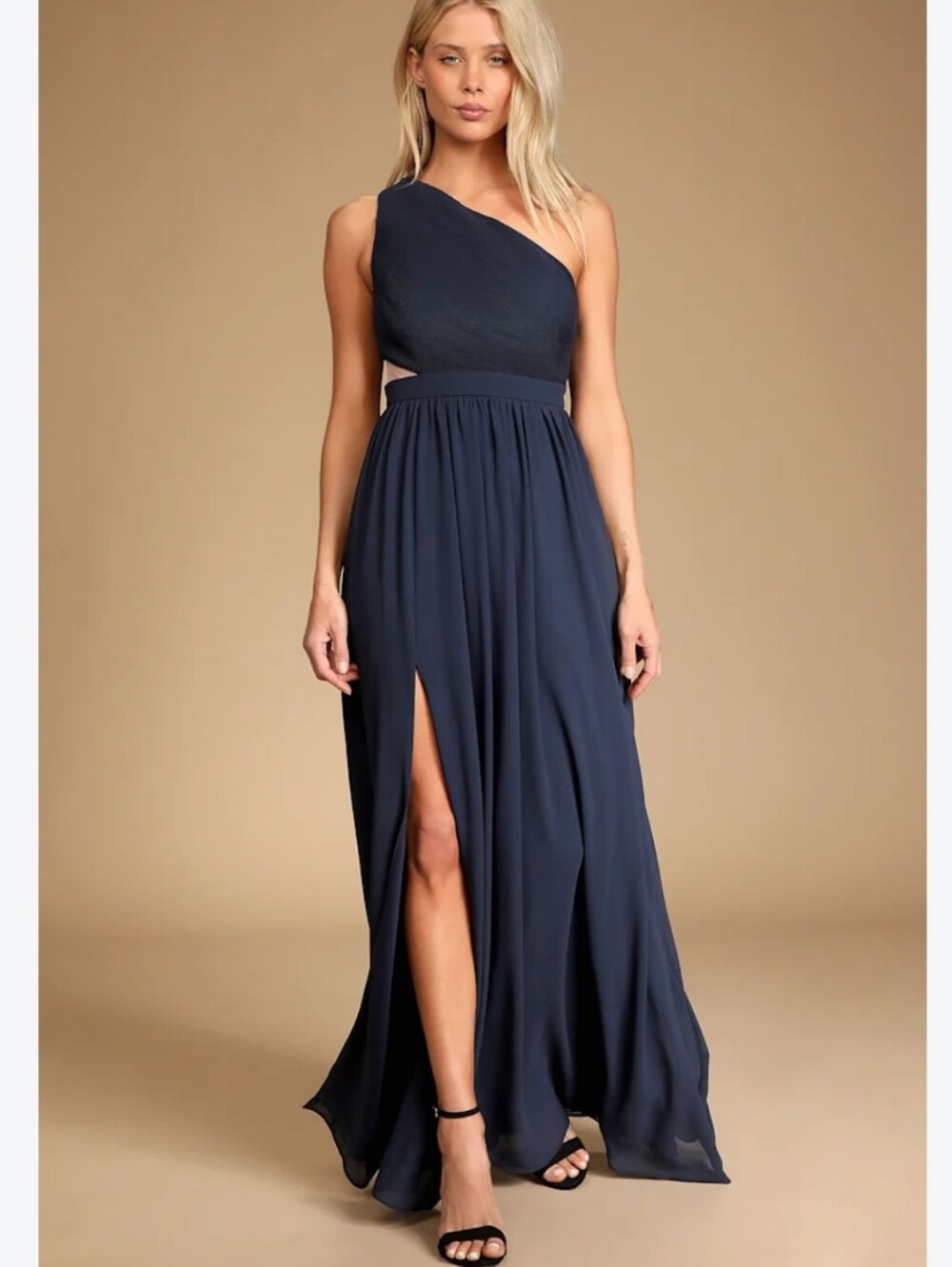 NWT Lulu's Lovely Endings One-Shoulder Navy Blue Pleated Maxi Dress